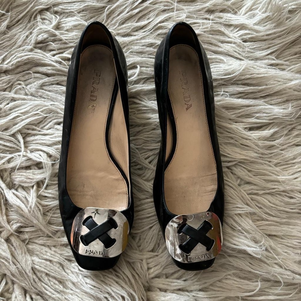 PRADA Silver Tone Plaque Patent Slip On Low Heels Shoes